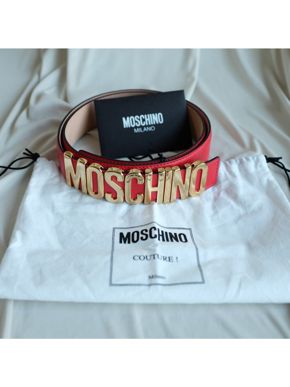 Moschino Milano Italy Red Leather Belt Buckle Gold Logo Unisex size 44 NEW